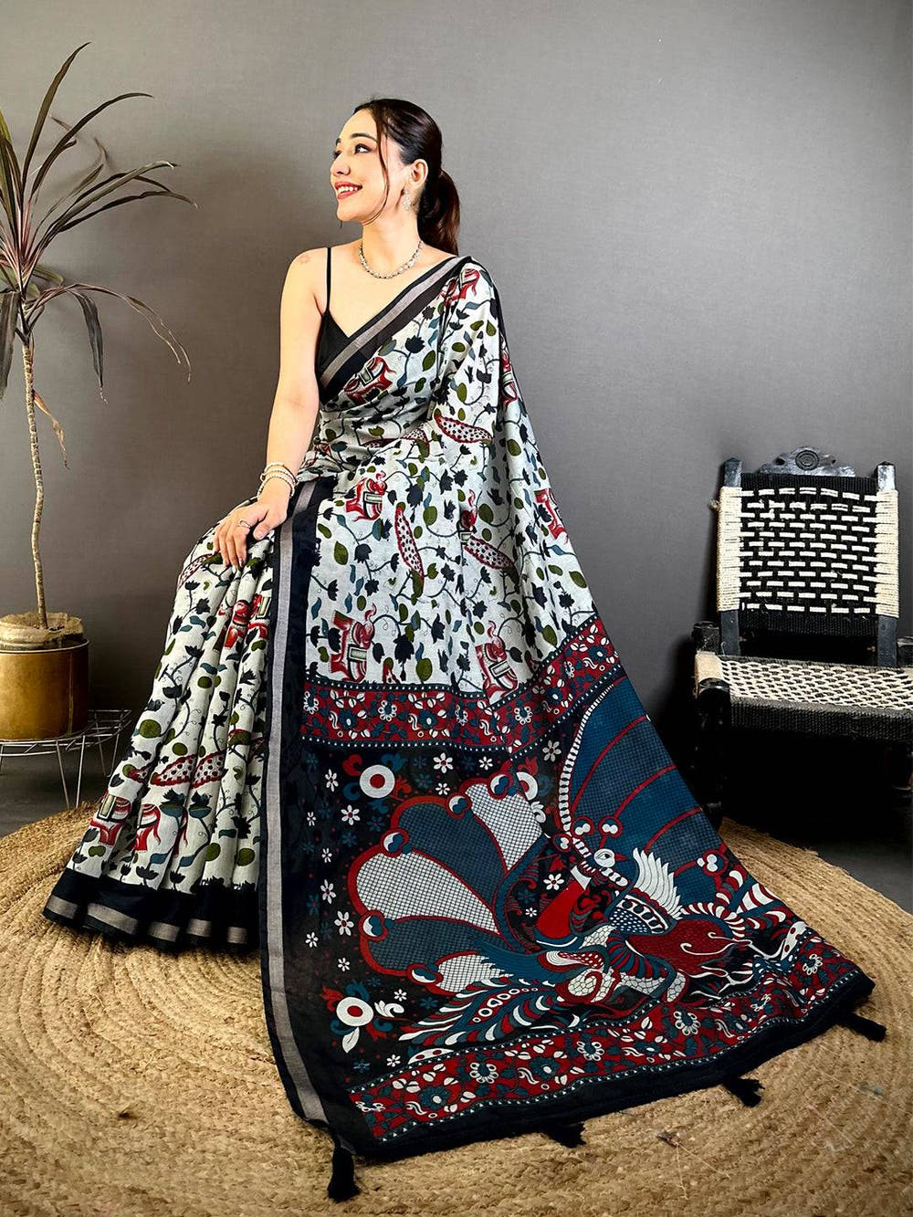 Stylish Mul Cotton Elephant Kalamkari Print Saree