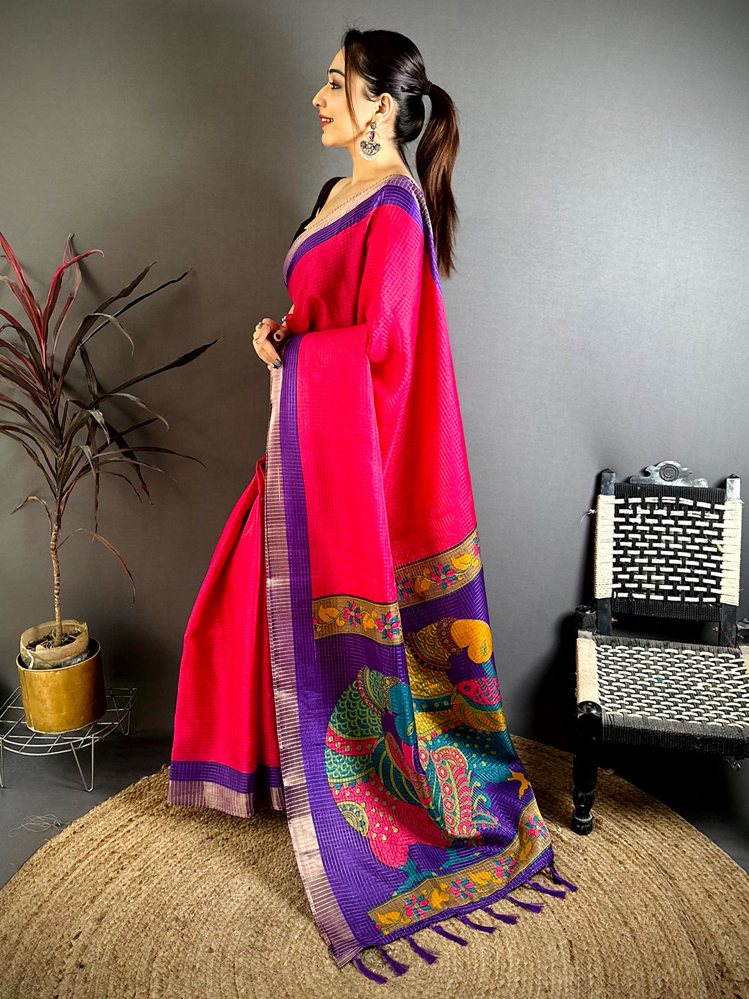 Rani Pink Tussar Zari Chex Kalamkari Saree