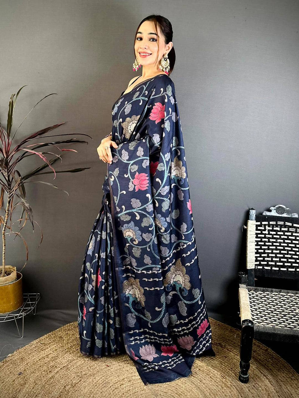 Navy Blue Kalamkari Soft Zarna Silk Saree