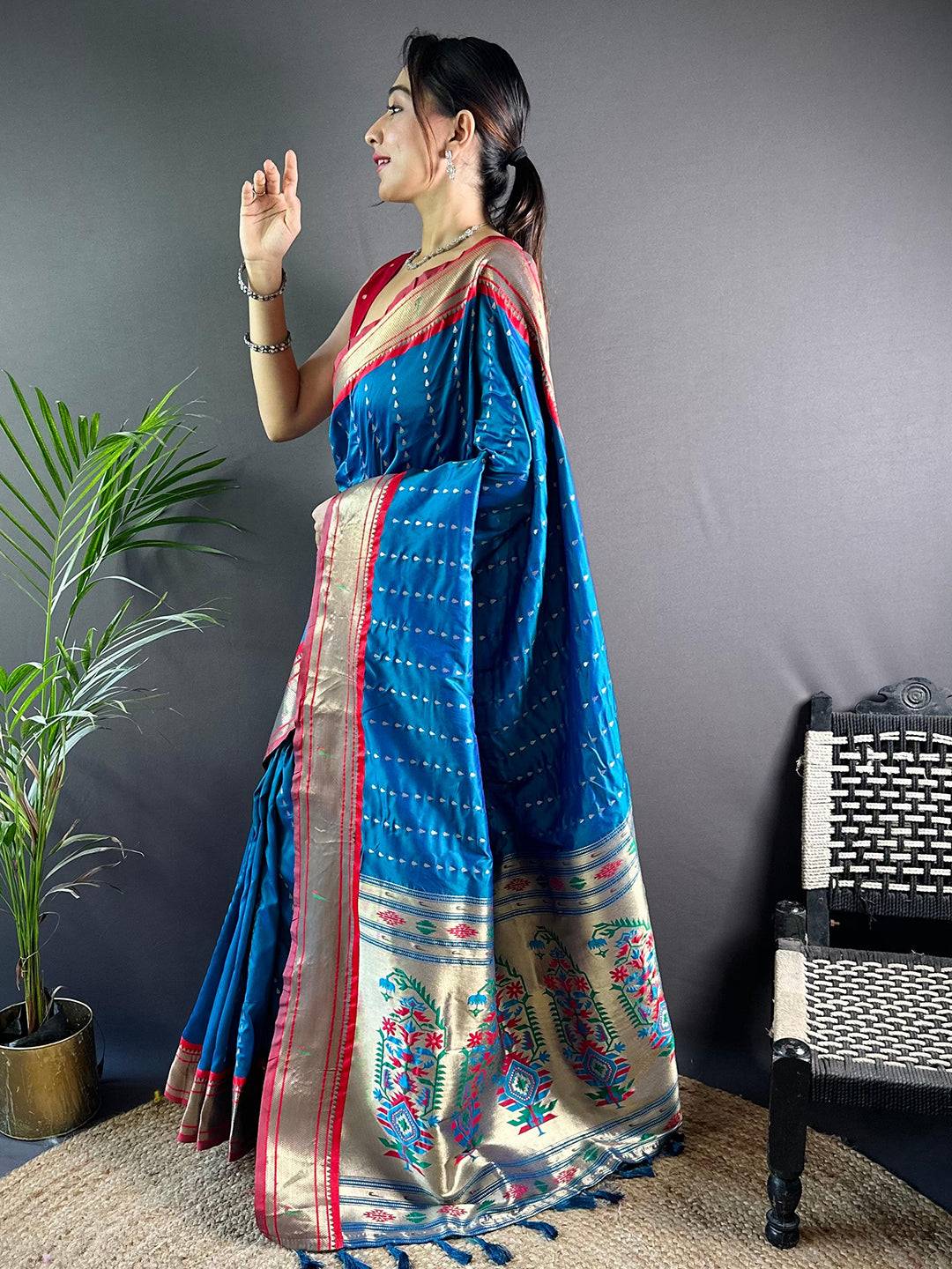 Traditional Royal Blue Paithani Saree with gold Zari details