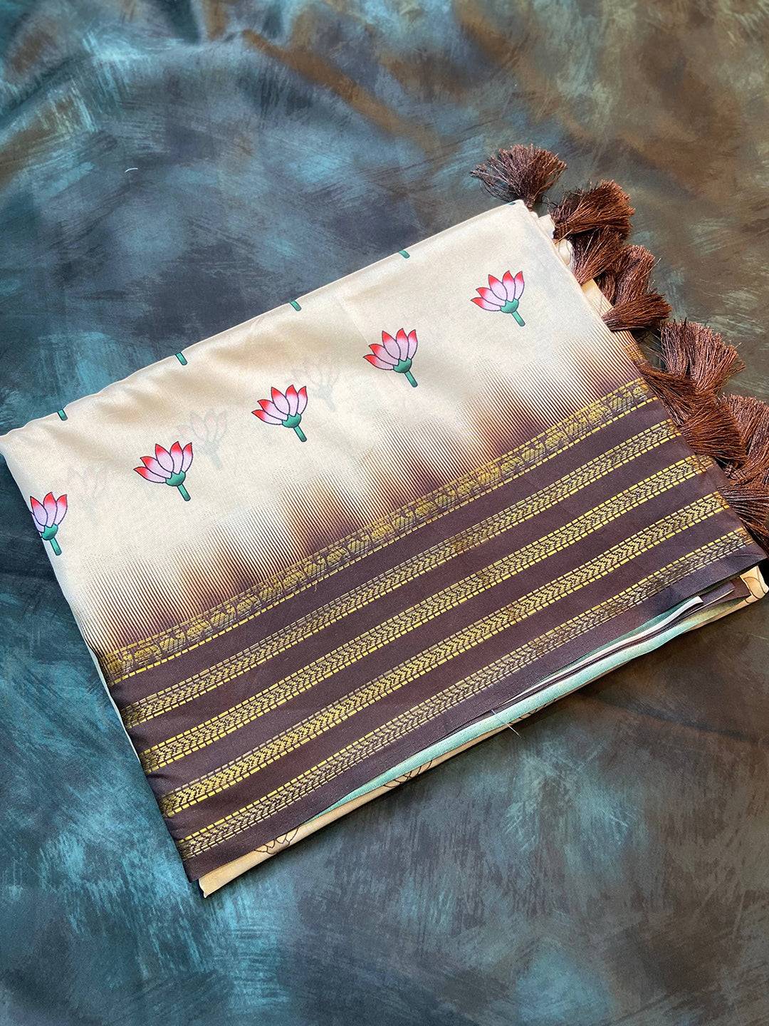 Folded Cream 2 Ton Lotus Print Silk Saree with tassels