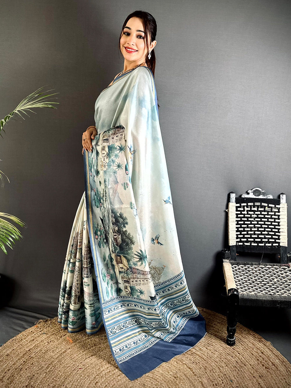 Vibrant Tussar Landscape Digital Saree