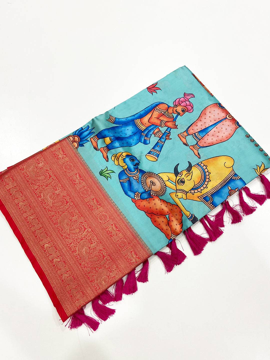 Turquoise Banarasi Silk Kalamkari Printed Saree