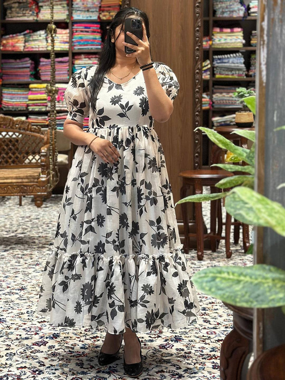 Elegant floral Pearl White Puff Sleeves Dress