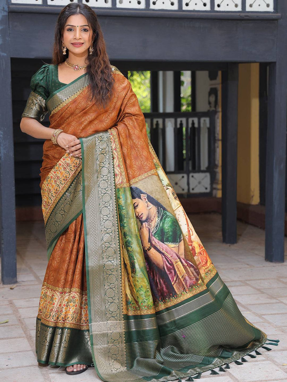 Brown Viscose Dola Silk Saree With Kalamkari & Mughal Print