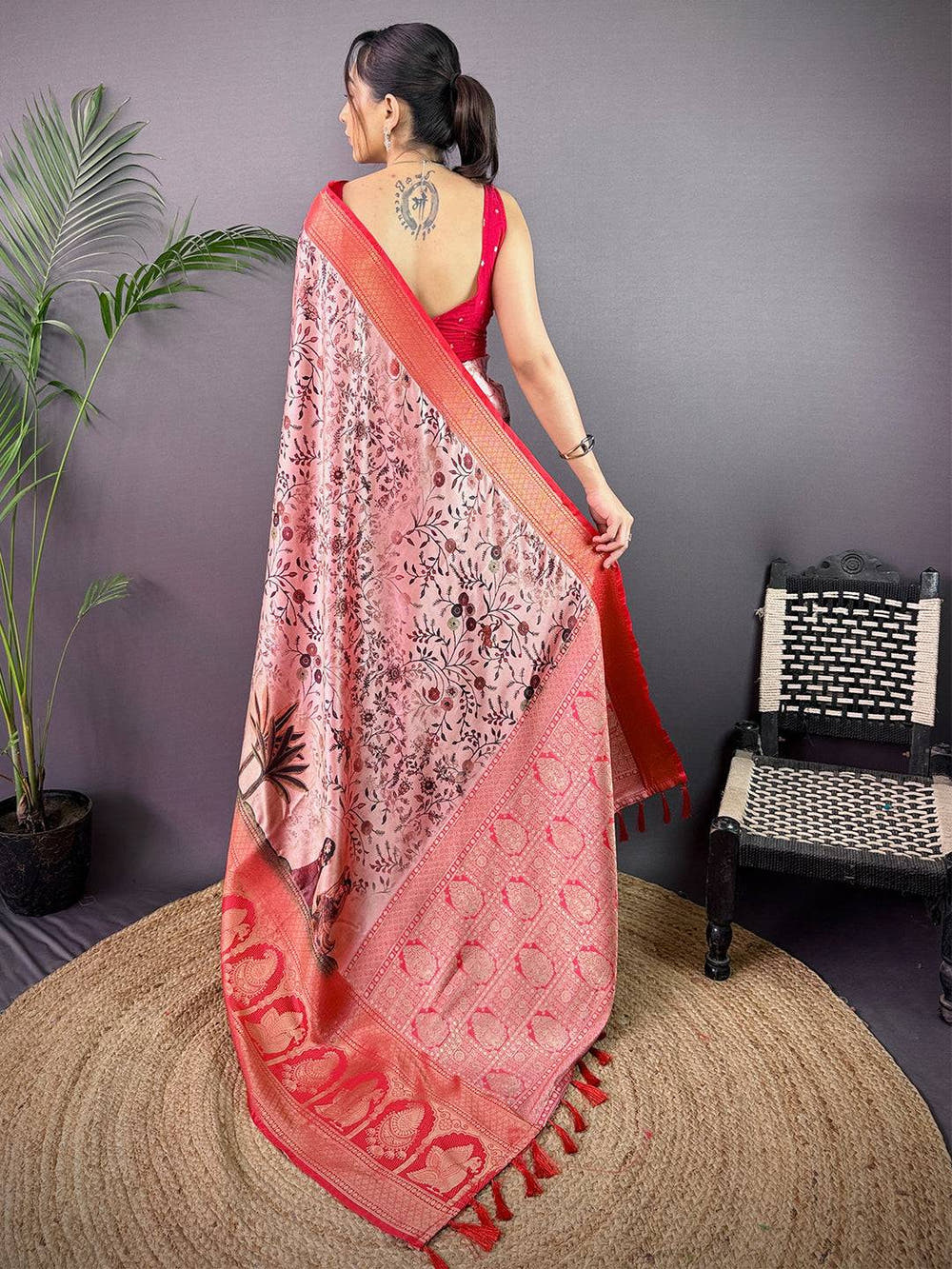 Radiant Soft Cherry Satin Kalamkari Print Saree