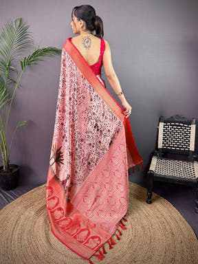 Radiant Soft Cherry Satin Kalamkari Print Saree