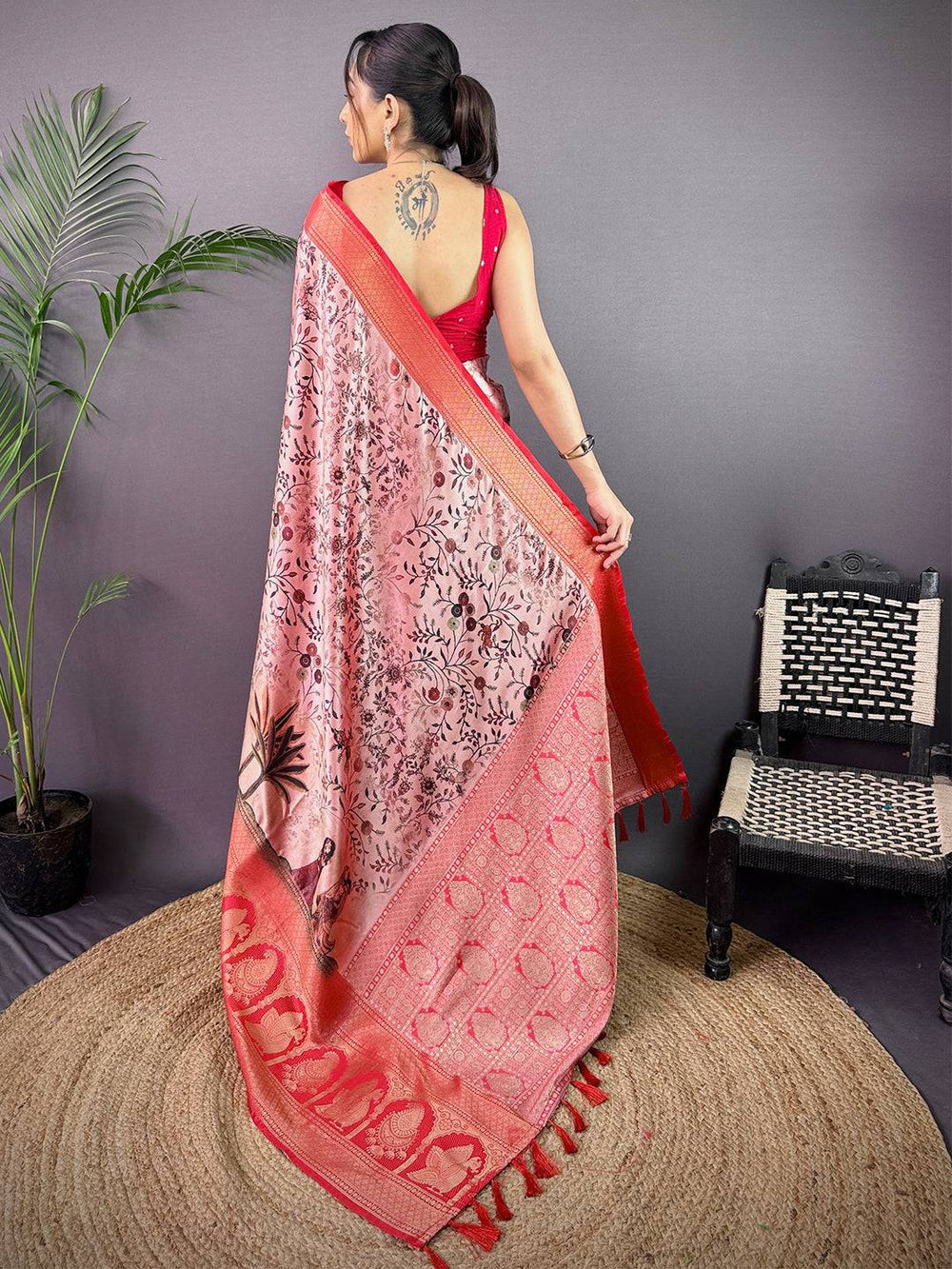 Radiant Soft Cherry Satin Kalamkari Print Saree