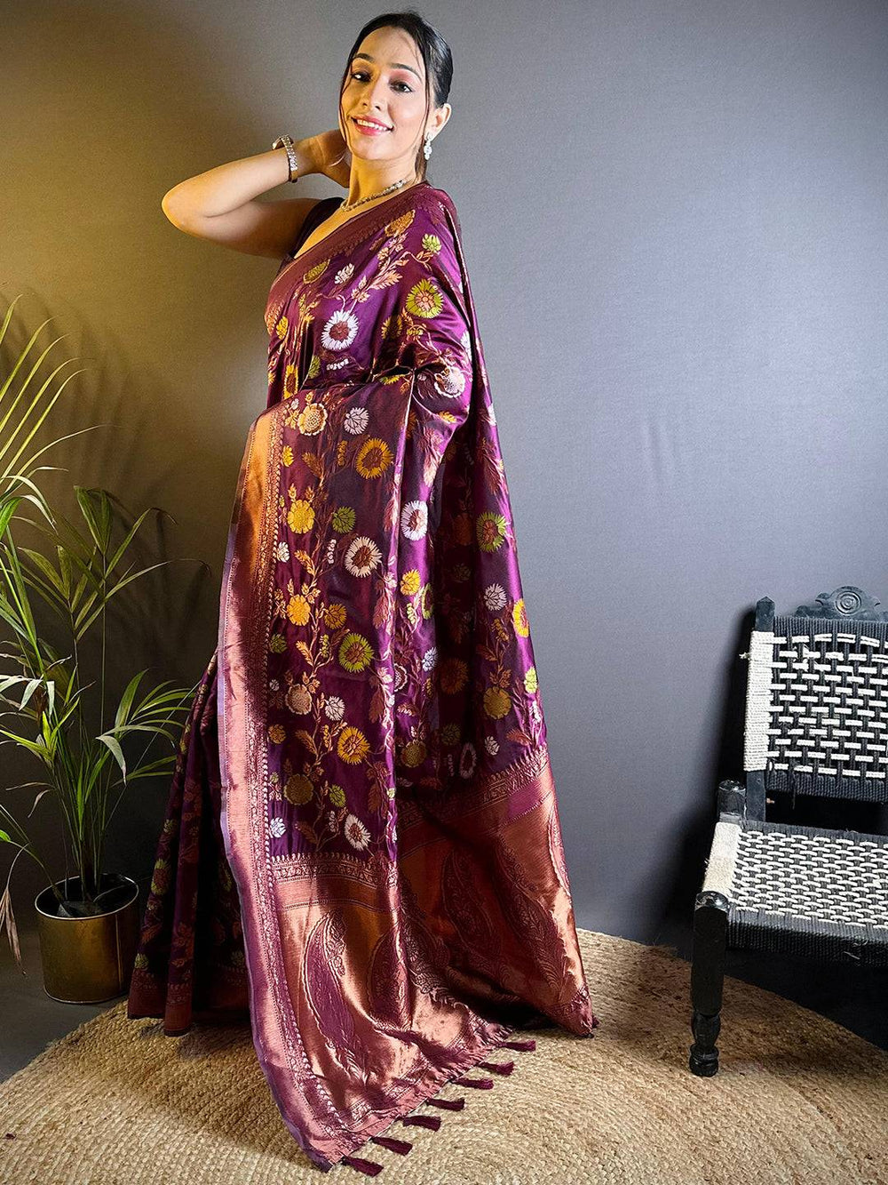 Dark Magenta Banarasi Silk Zari Butta Saree