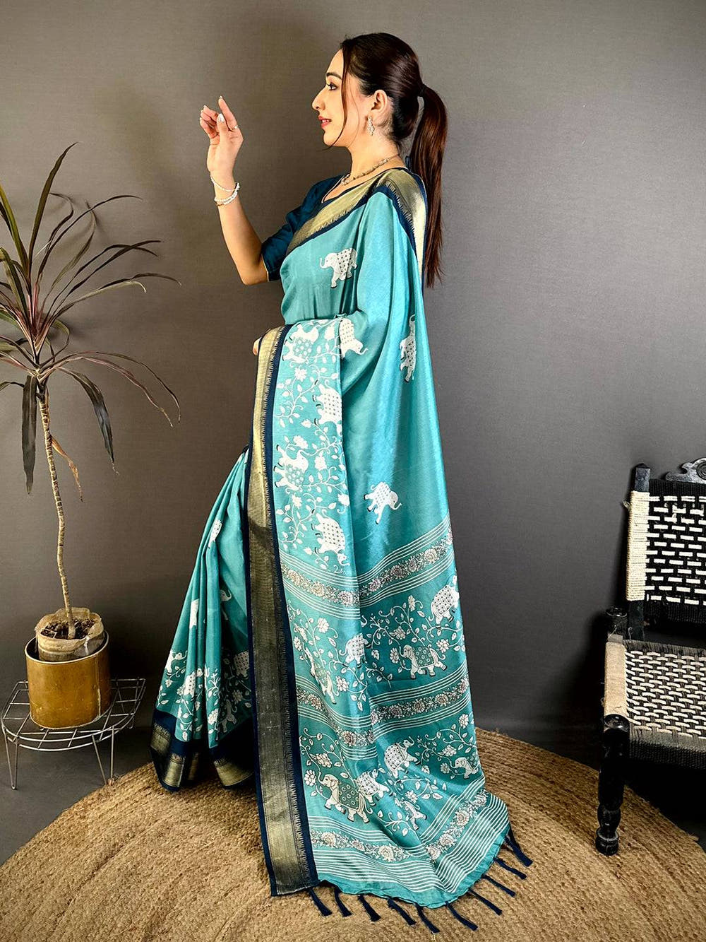 Aqua Soft Dola Block Kalamkari Zari Saree