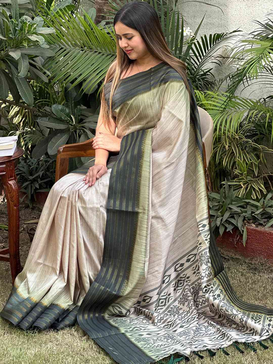 Beautiful Ikkat Motifs and Paisley Print Ghicha Saree