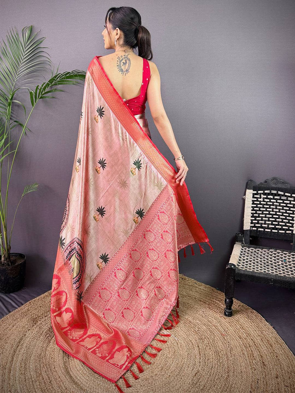 Elegance Soft Cherry Satin Kalamkari Print Saree