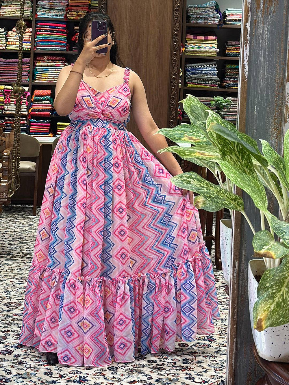 Primrose Pink Paan Neck Dress with geometric pattern