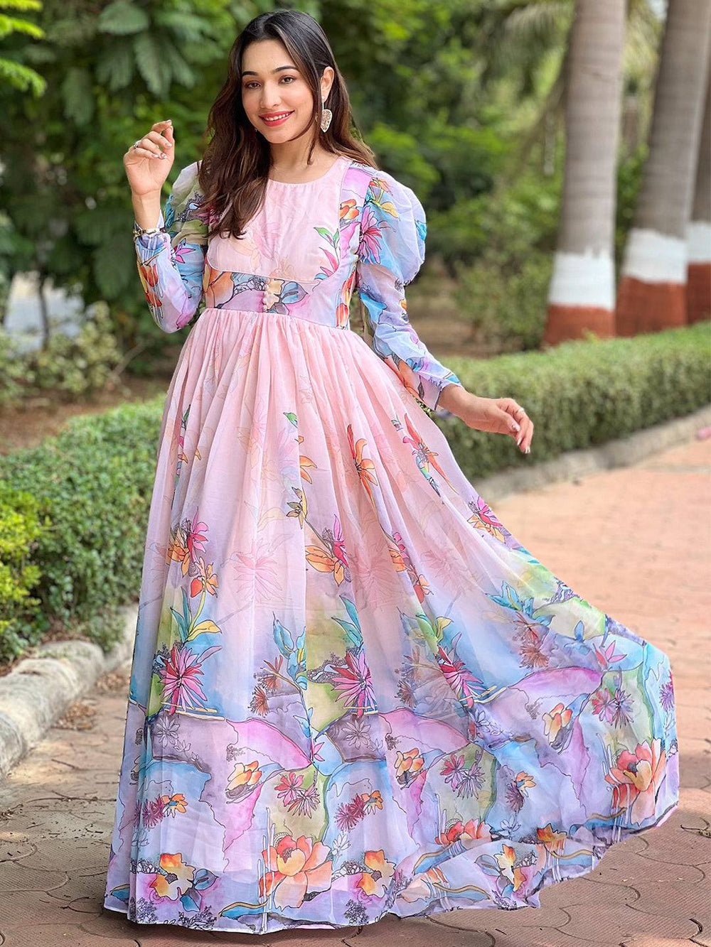 Elegant georgette floral print dress with long sleeves