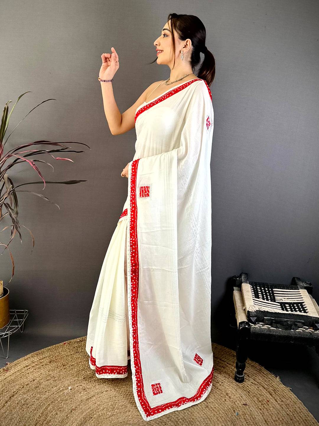 Red Bandhej Butta Chiffon Saree