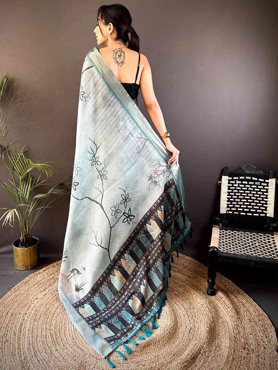Powder Blue Tissue Chanderi Japanese Print Saree