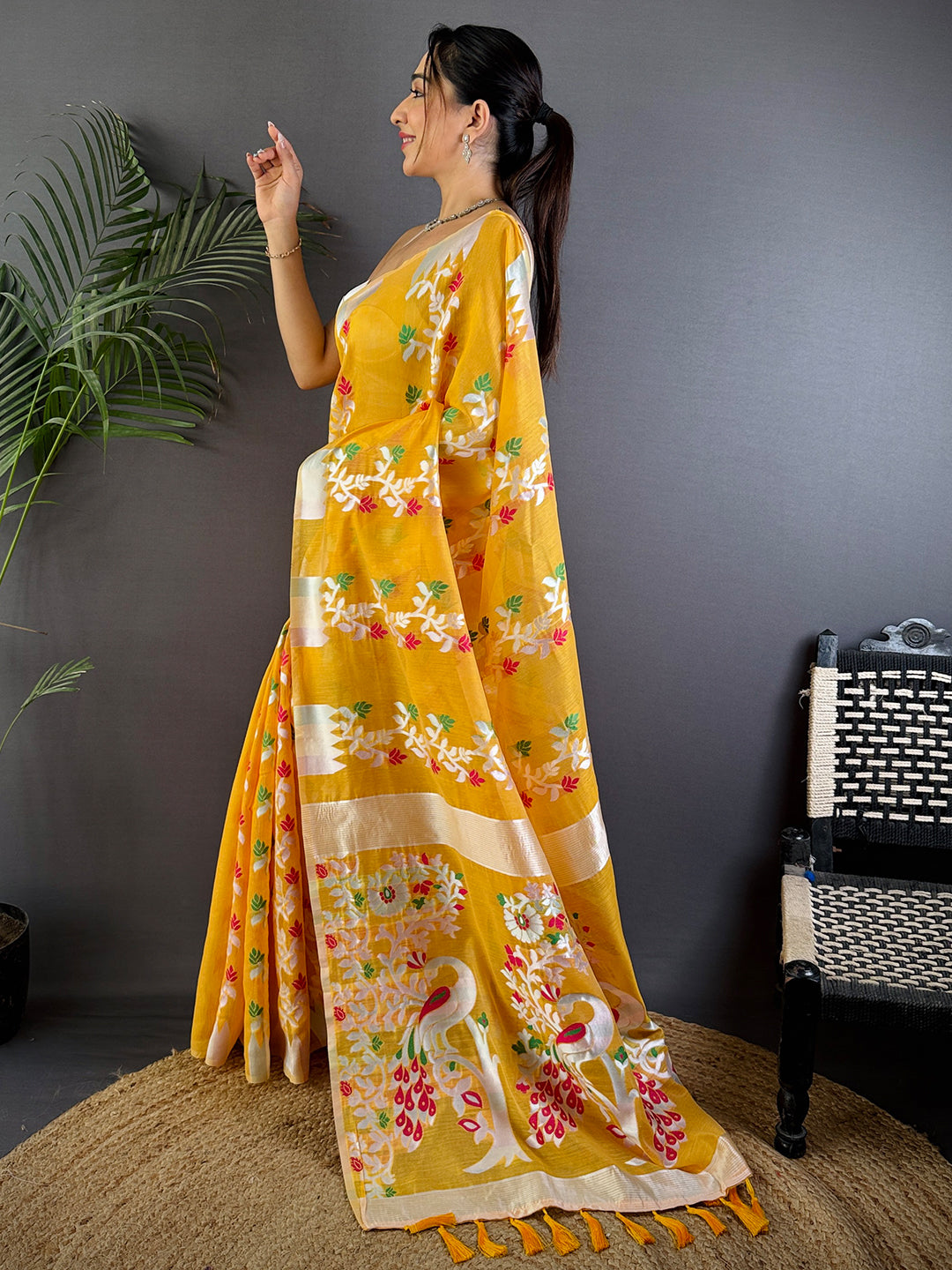 Radiance Yellow Dhakai Cotton Silk Saree