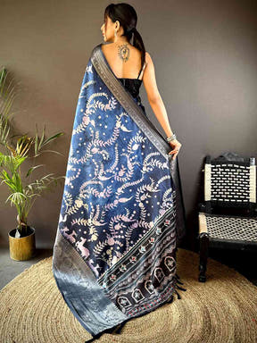 Blue Floral Animal Batik Soft Silk Saree