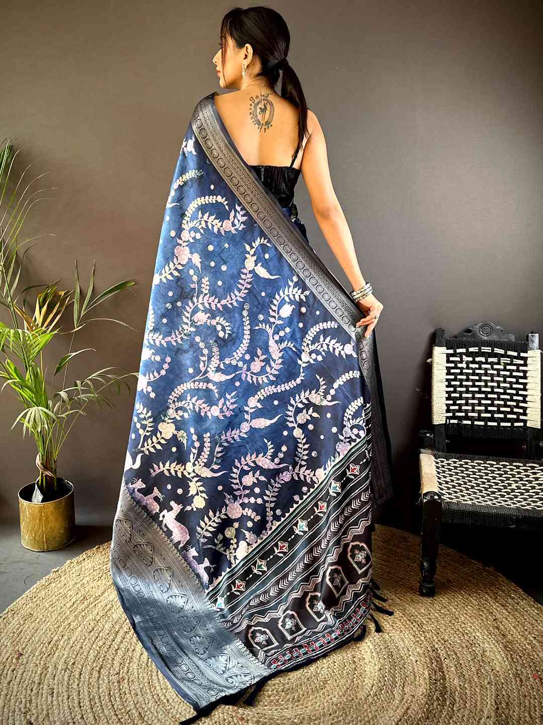 Blue Floral Animal Batik Soft Silk Saree