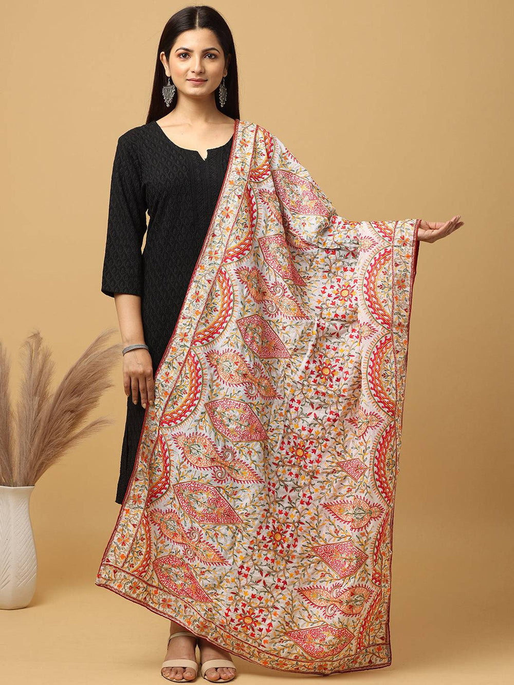 Elegant poly chiffon pashmina dupatta with intricate threadwork.