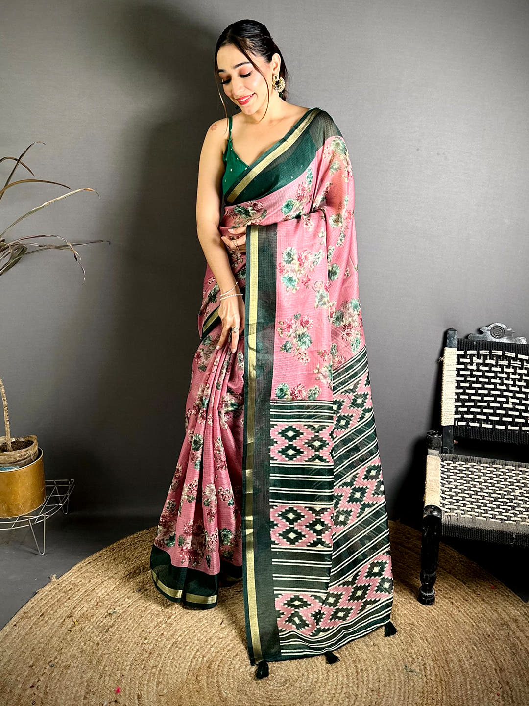 Elegant Kota Doriya Printed Floral Saree