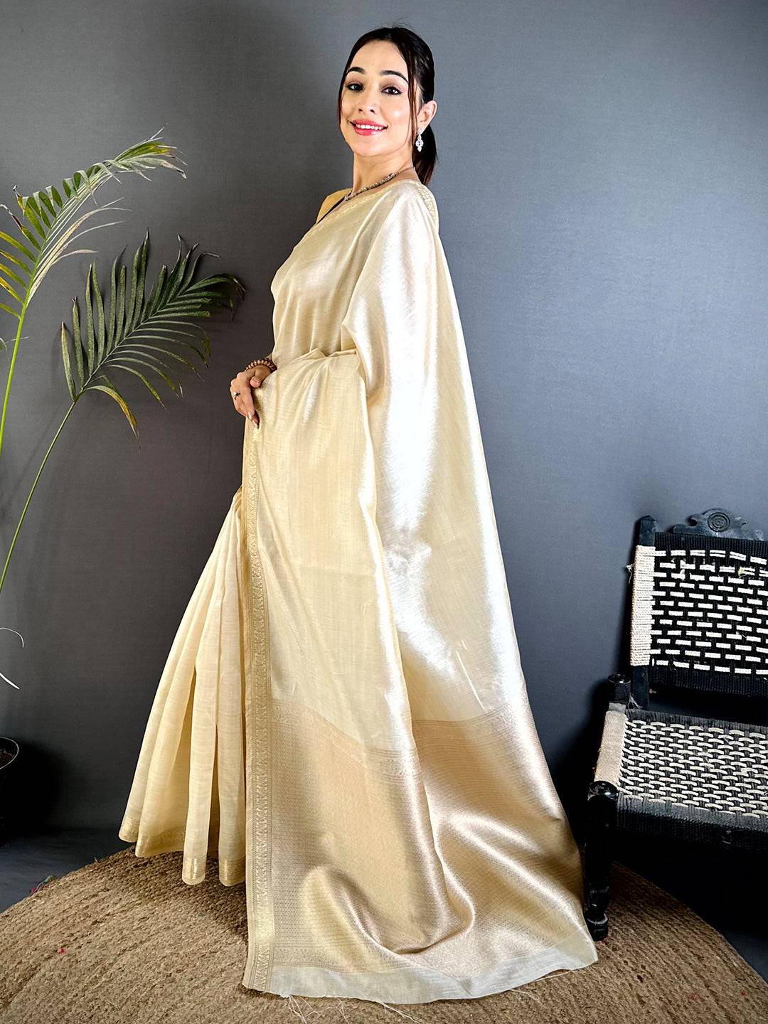 Classic Beige Saree With Gold Zari Border
