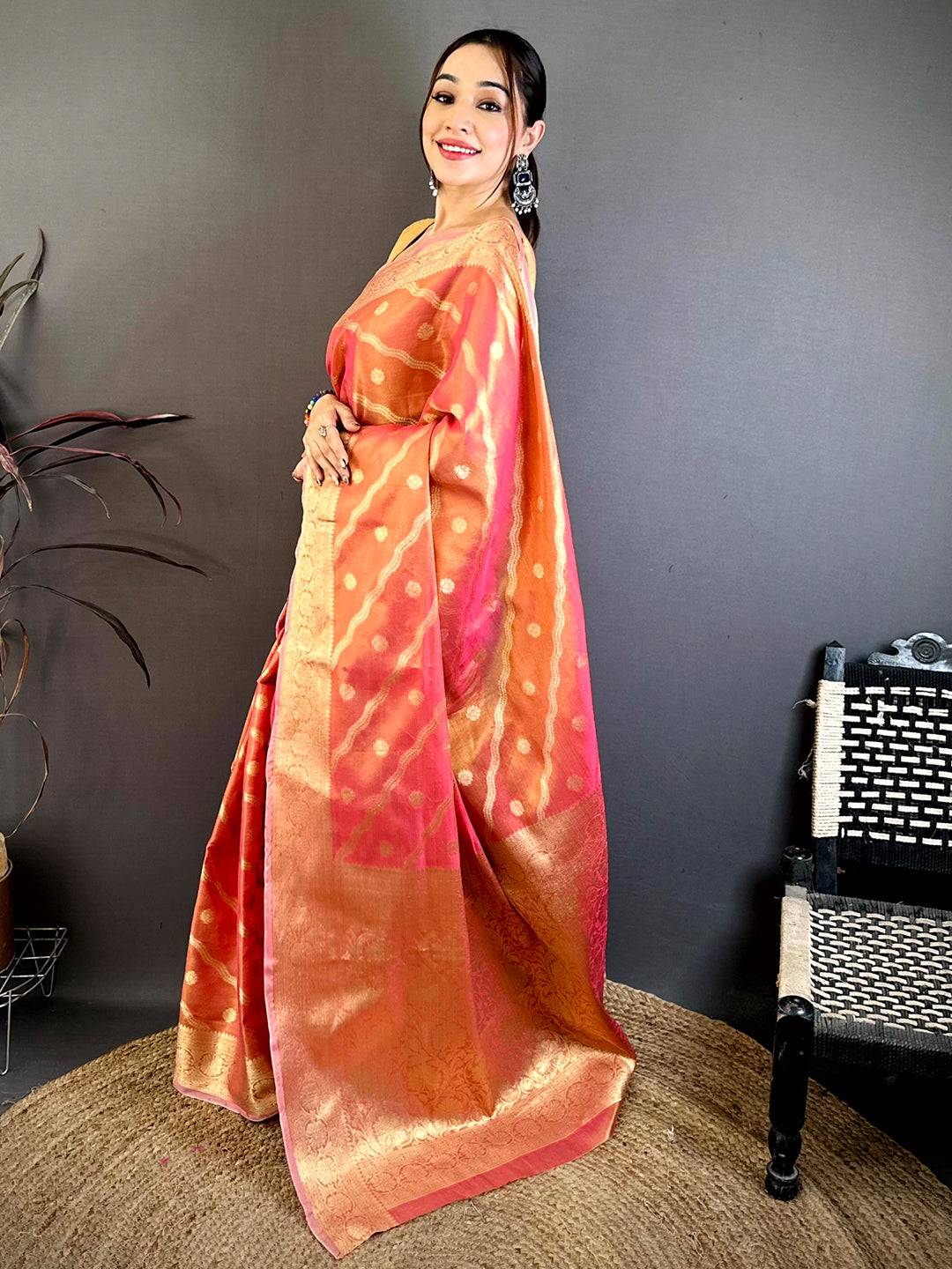Coral Glass Crush Tissue Leheriya Saree