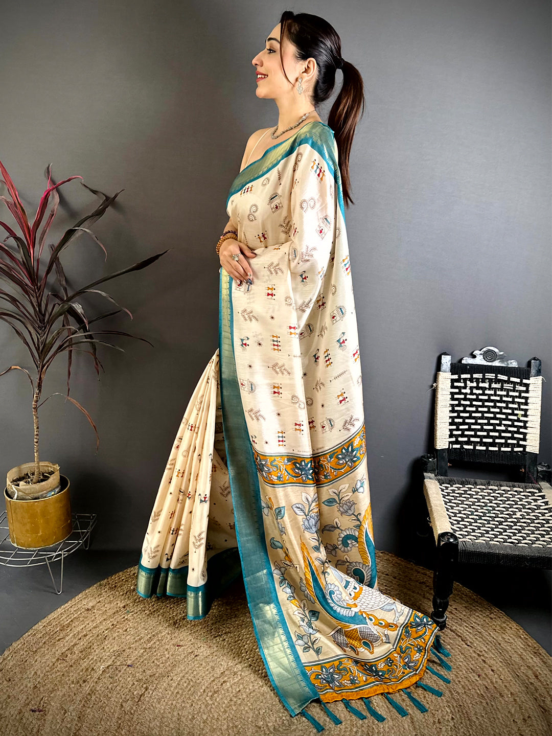 Rama Soft Dola Silk Warli Print Saree