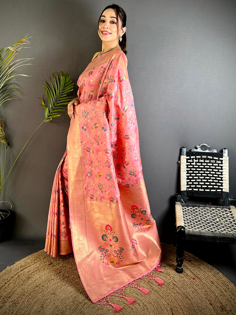 Pink Banarasi Minakari Floral Silk Saree