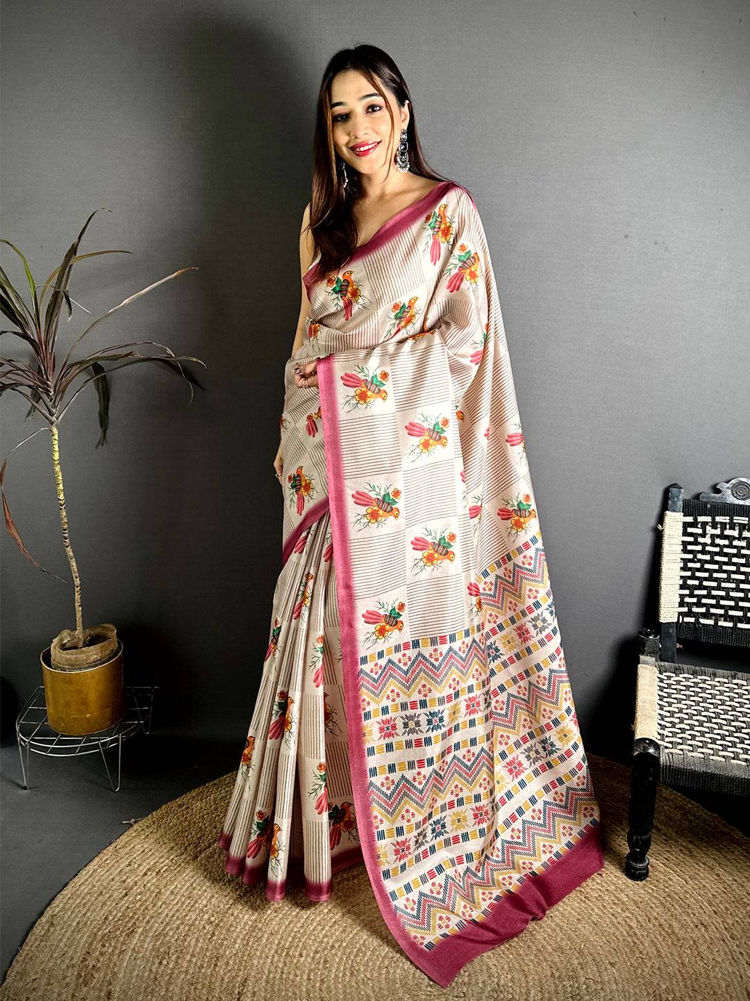 Madhubani Bird Pallu Tussar Saree