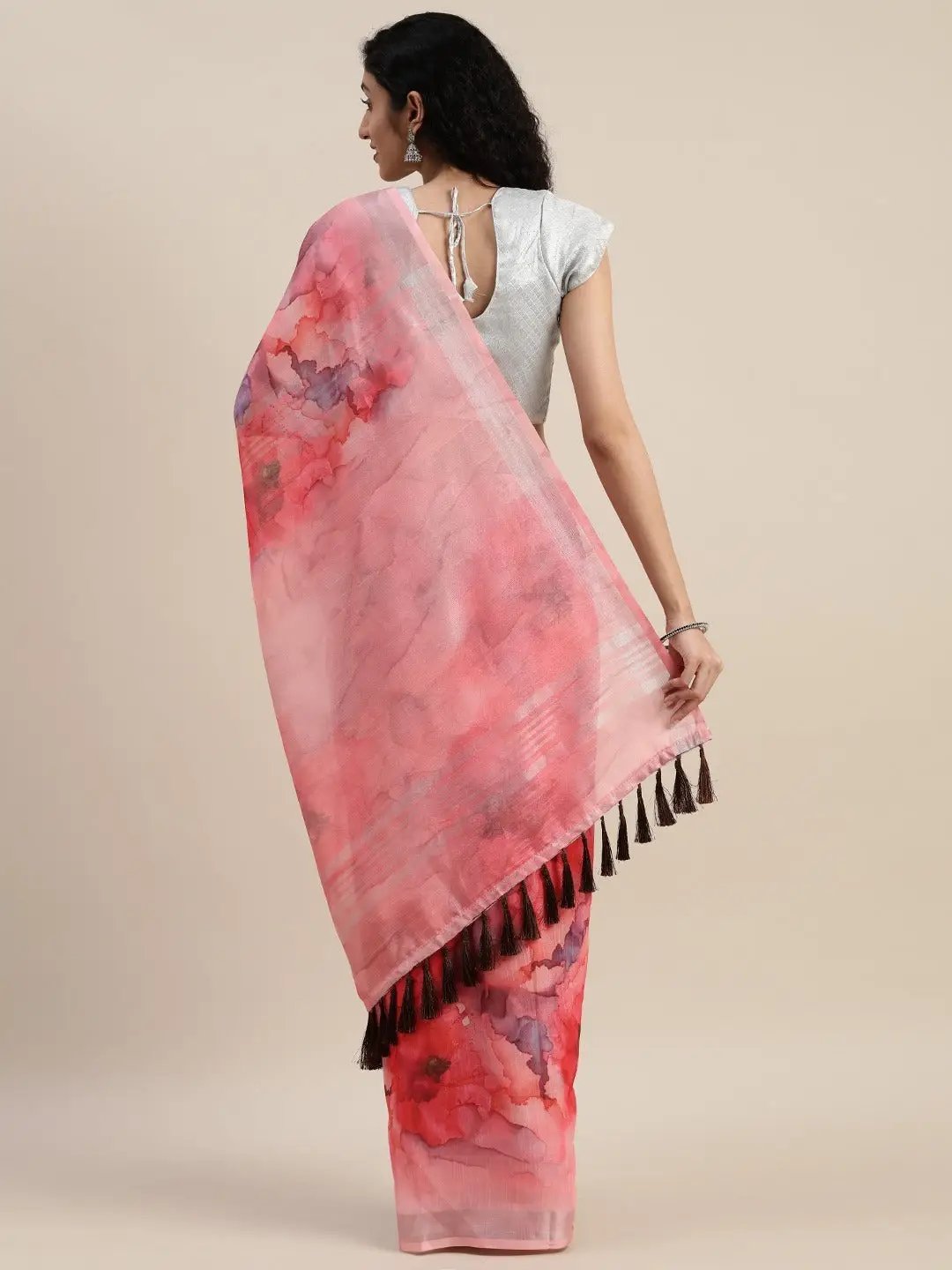 Exclusive Pink Colour Linen Abstract Print Saree