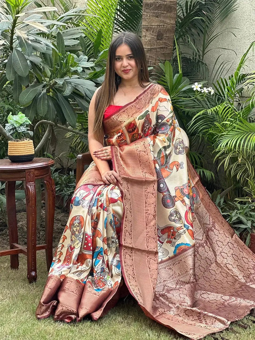  Brown Colour Soft Silk Kalamkari Digital Print Saree