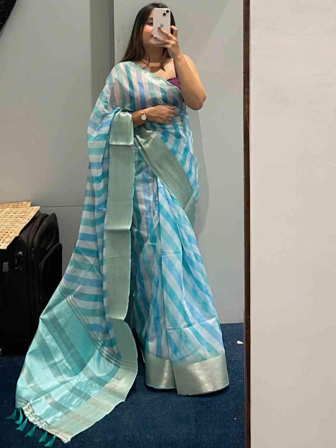 Elegant leheriya organza saree in blue hues