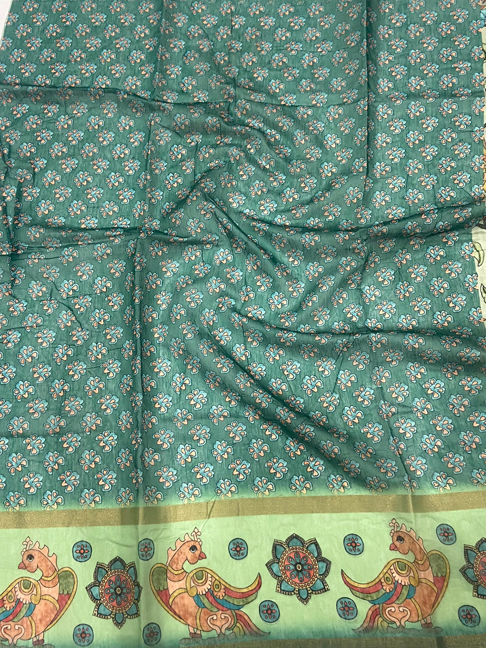 Pista Floral Kalamkari Chanderi Cotton Saree