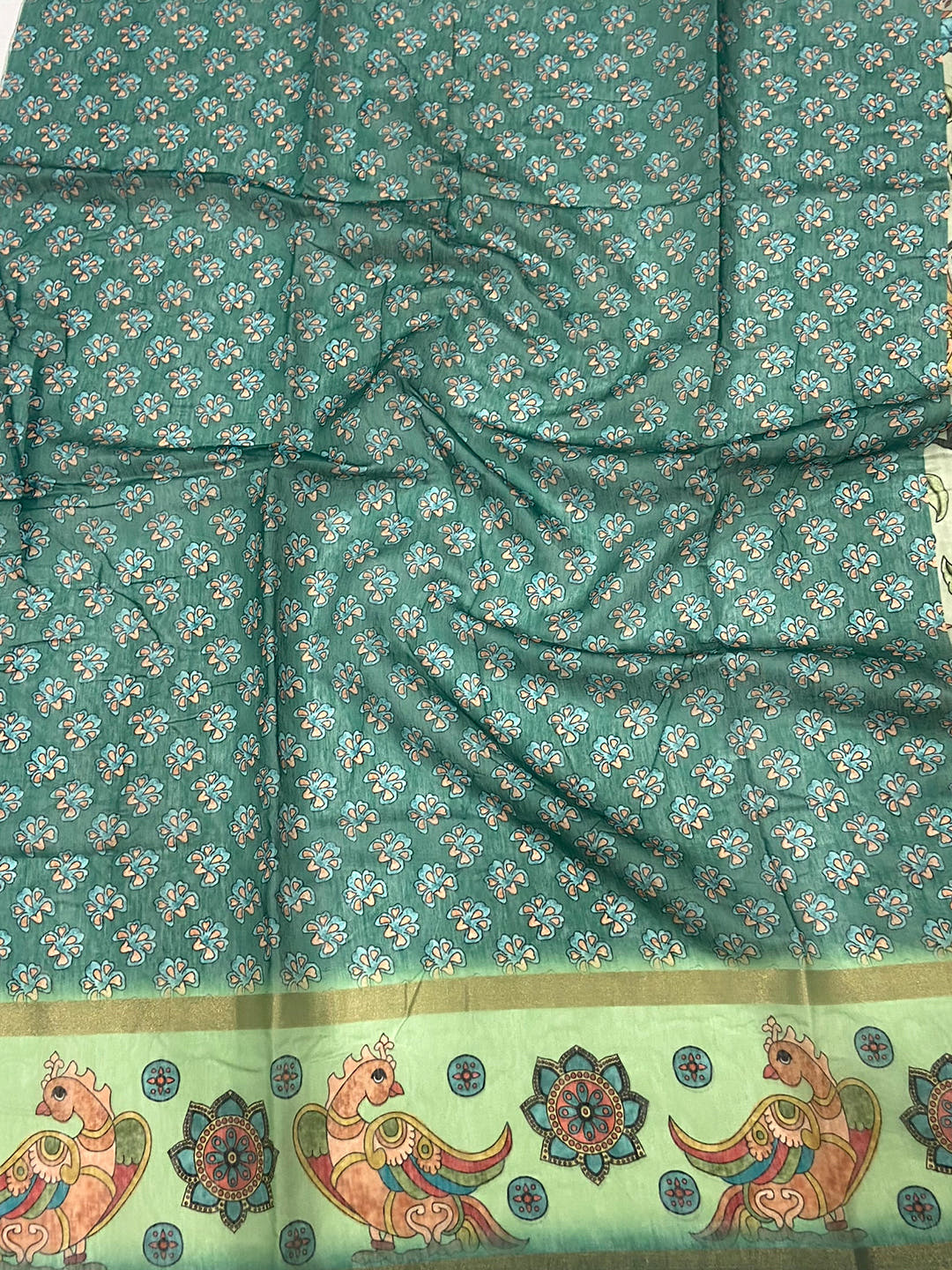 Pista Floral Kalamkari Chanderi Cotton Saree