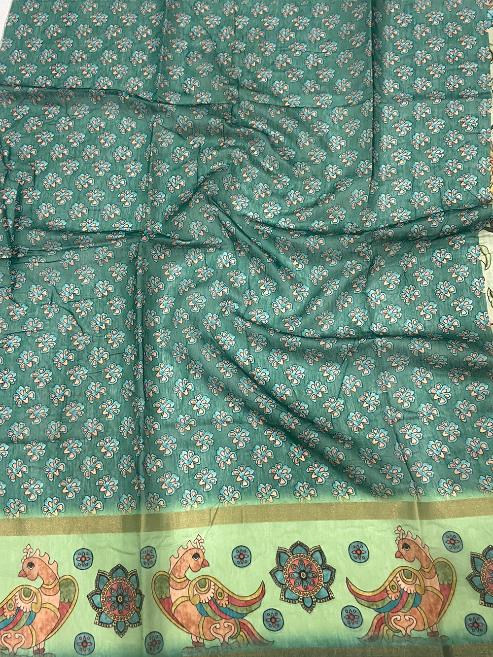 Pista Floral Kalamkari Chanderi Cotton Saree