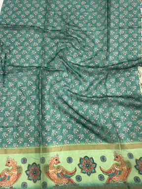 Pista Floral Kalamkari Chanderi Cotton Saree