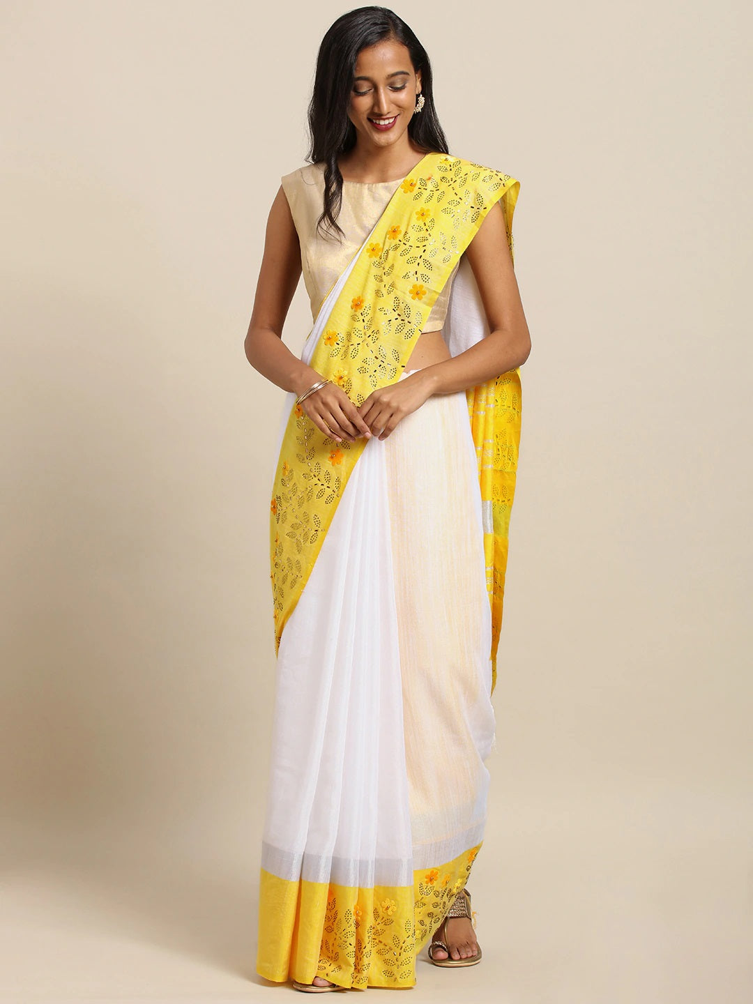  Yellow Colour Linen Blend Khadi Saree