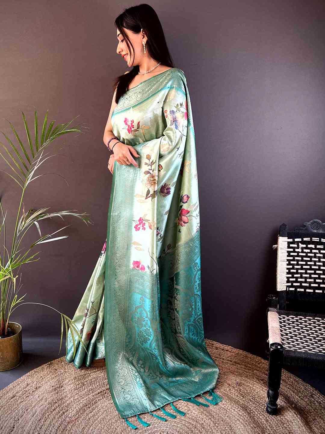Olive Bamboo Silk Floral Saree