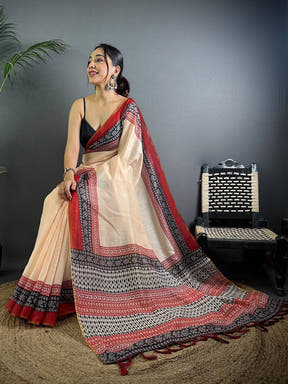 Cream Tissue Chanderi Ajrak Printed Saree