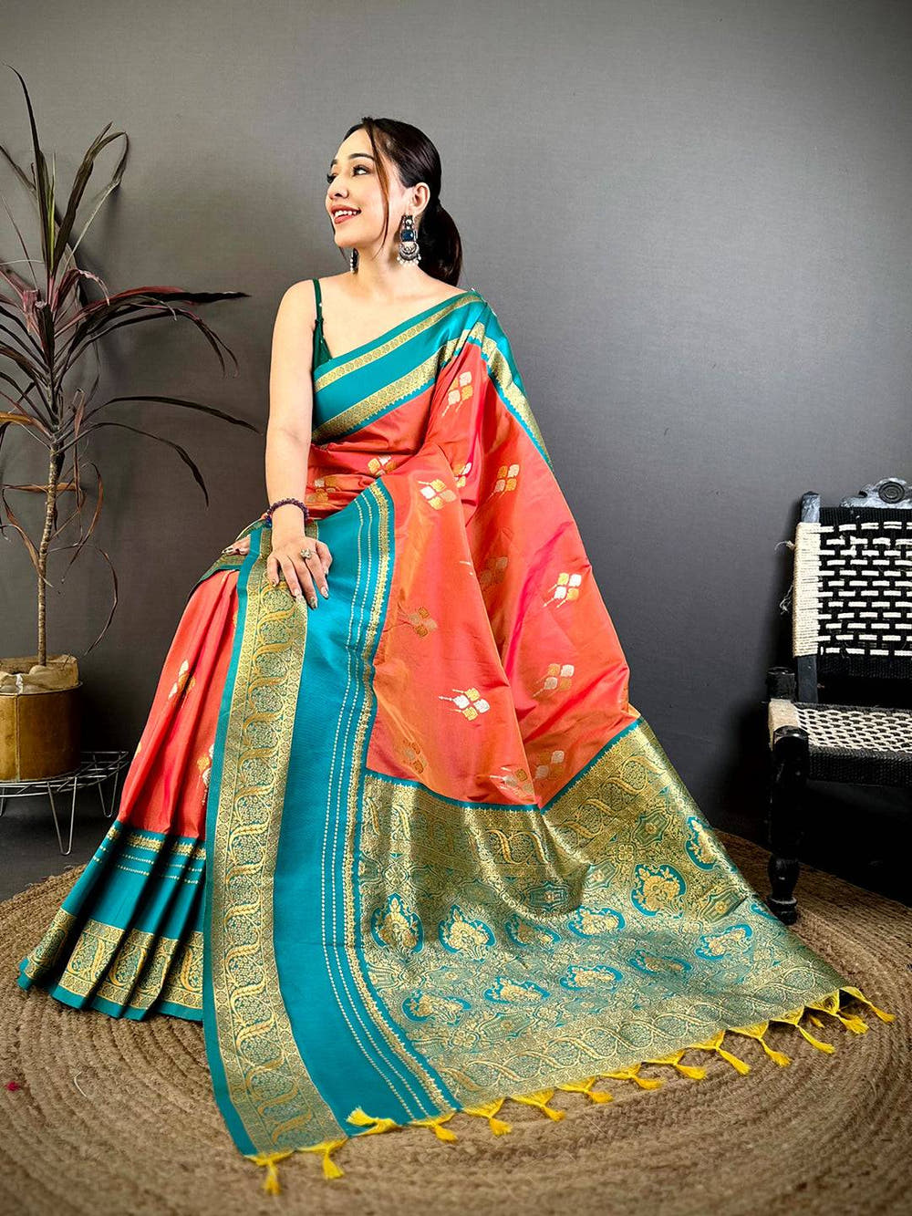 Coral Soft Silk Kanchi Gadwal Saree