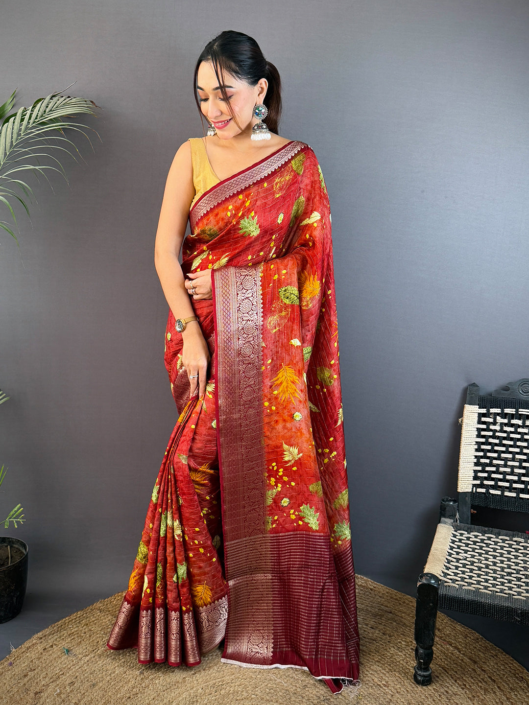 Rust Red Pure Viscose Checked Saree