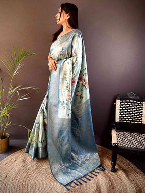 Pastel Blue Bamboo Silk Floral Saree