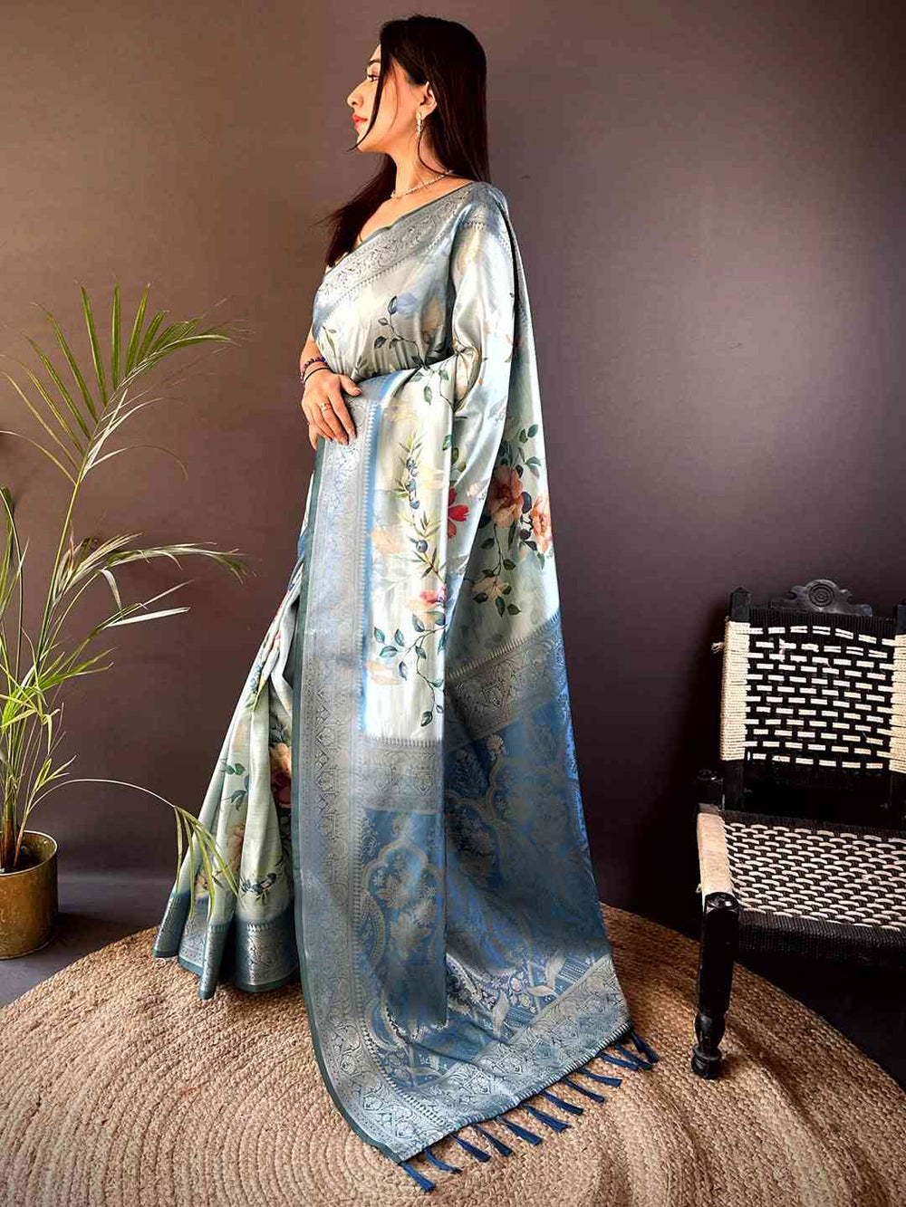 Pastel Blue Bamboo Silk Floral Saree