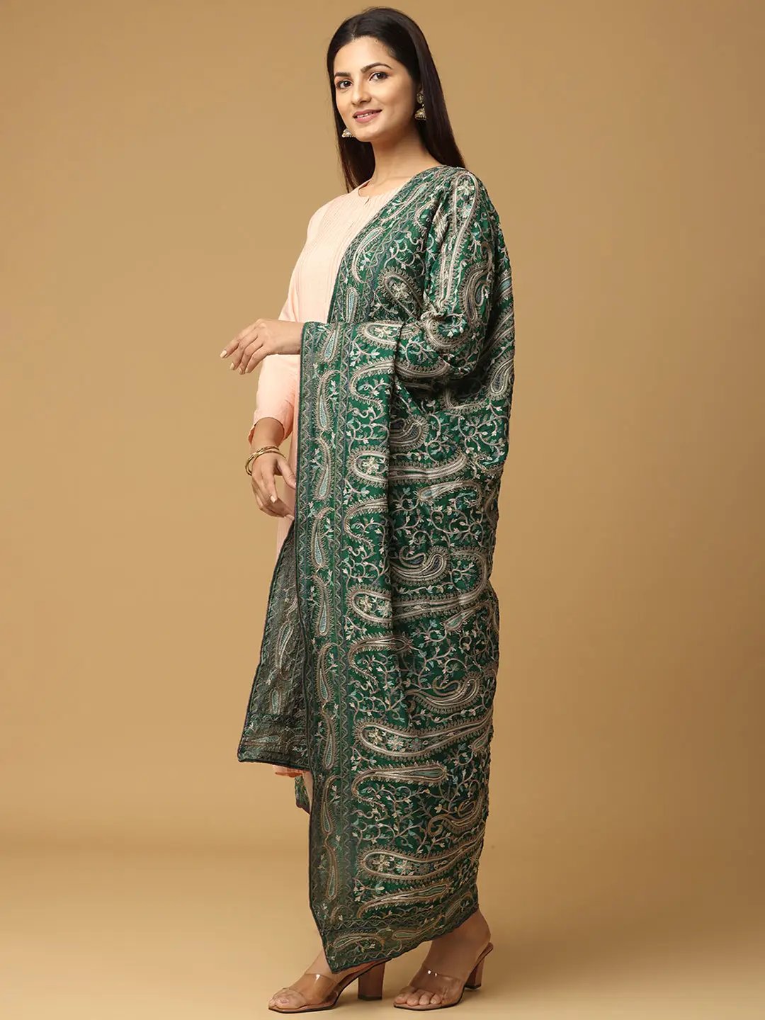 Side view of Green Poly Chiffon Pashmina Dupatta