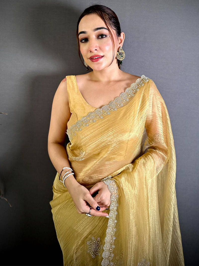 Stylish Silver Diamond Cutwork Tissue Saree