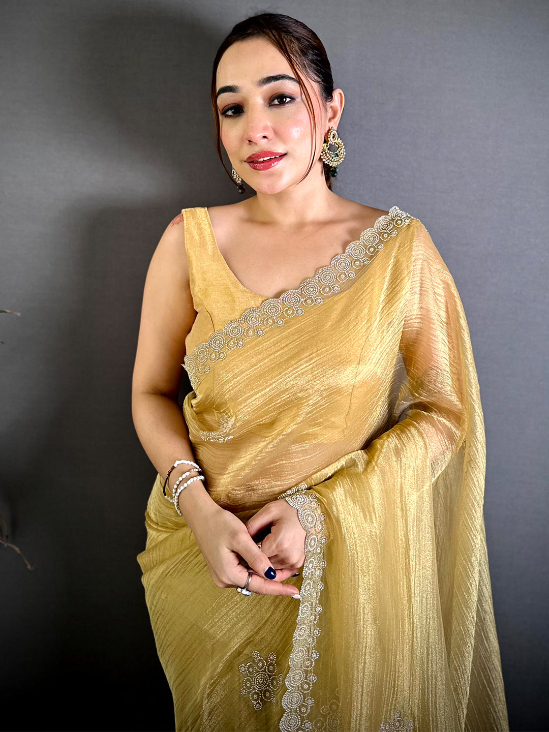 Stylish Silver Diamond Cutwork Tissue Saree