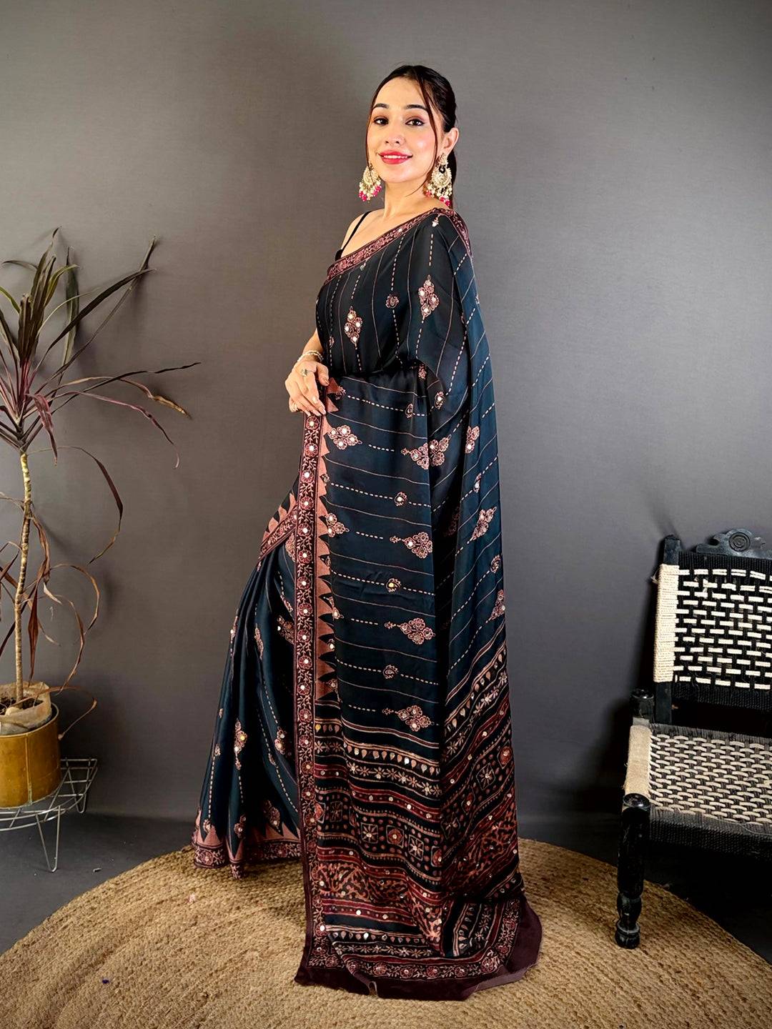 Rama Ajrakh Digital Printed Saree