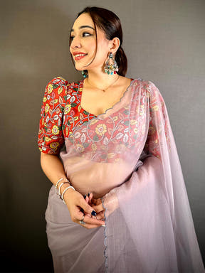 Elegant Lavender Resham Work Chiffon Saree