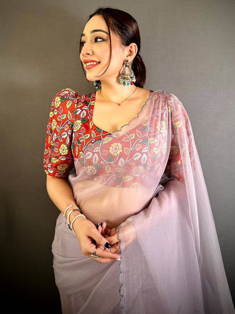 Elegant Lavender Resham Work Chiffon Saree